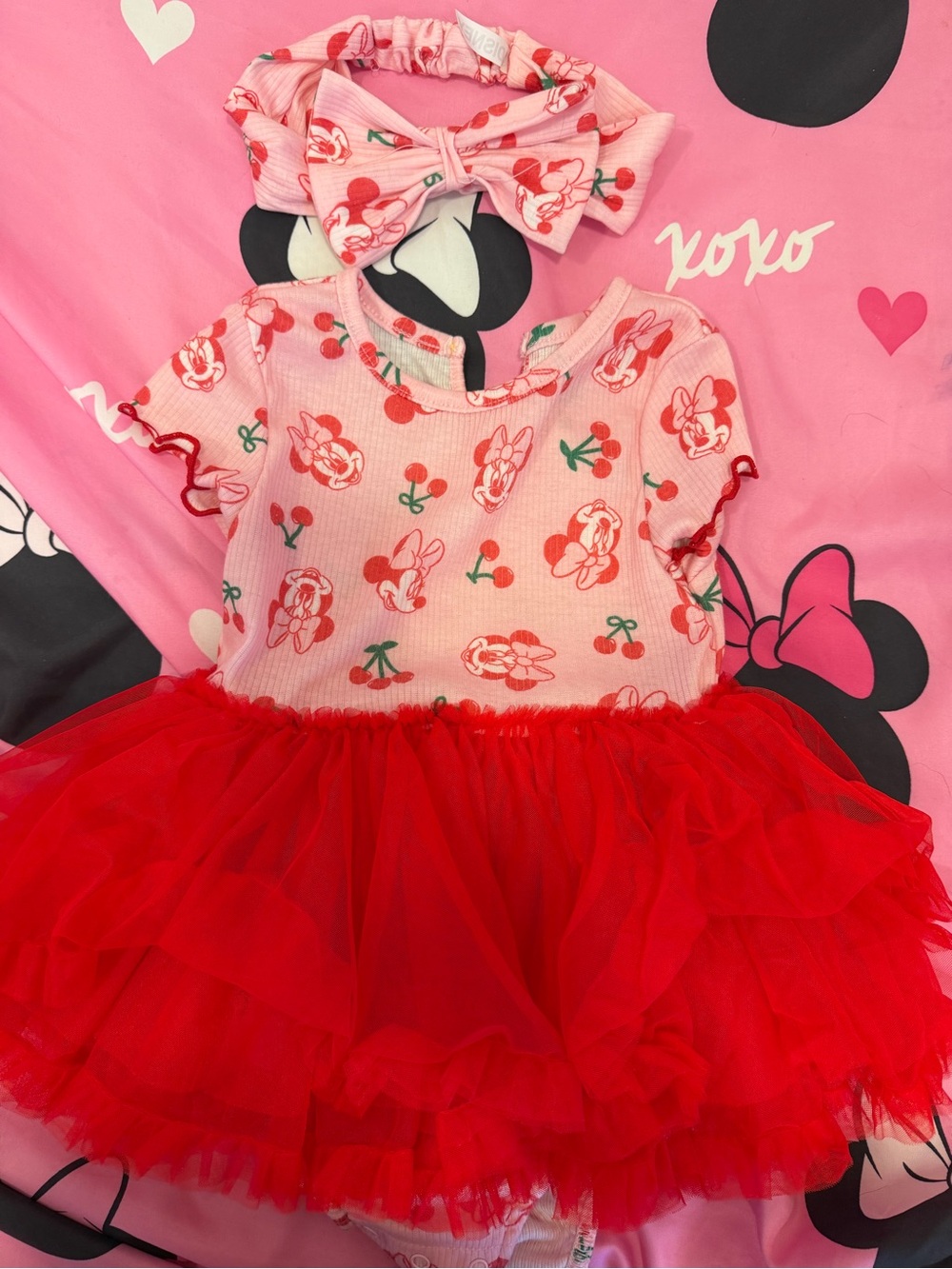 Disney Pink & Red Minnie Cherry Tutu Dress with Matching Bow Headband